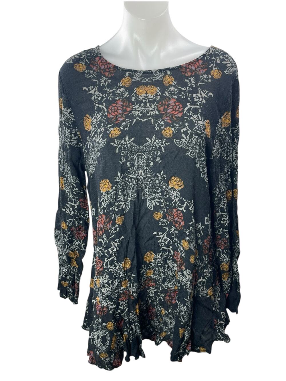 Free People Smooth Talker Black Floral Open Back Long Sleeve Tunic Mini Dress L